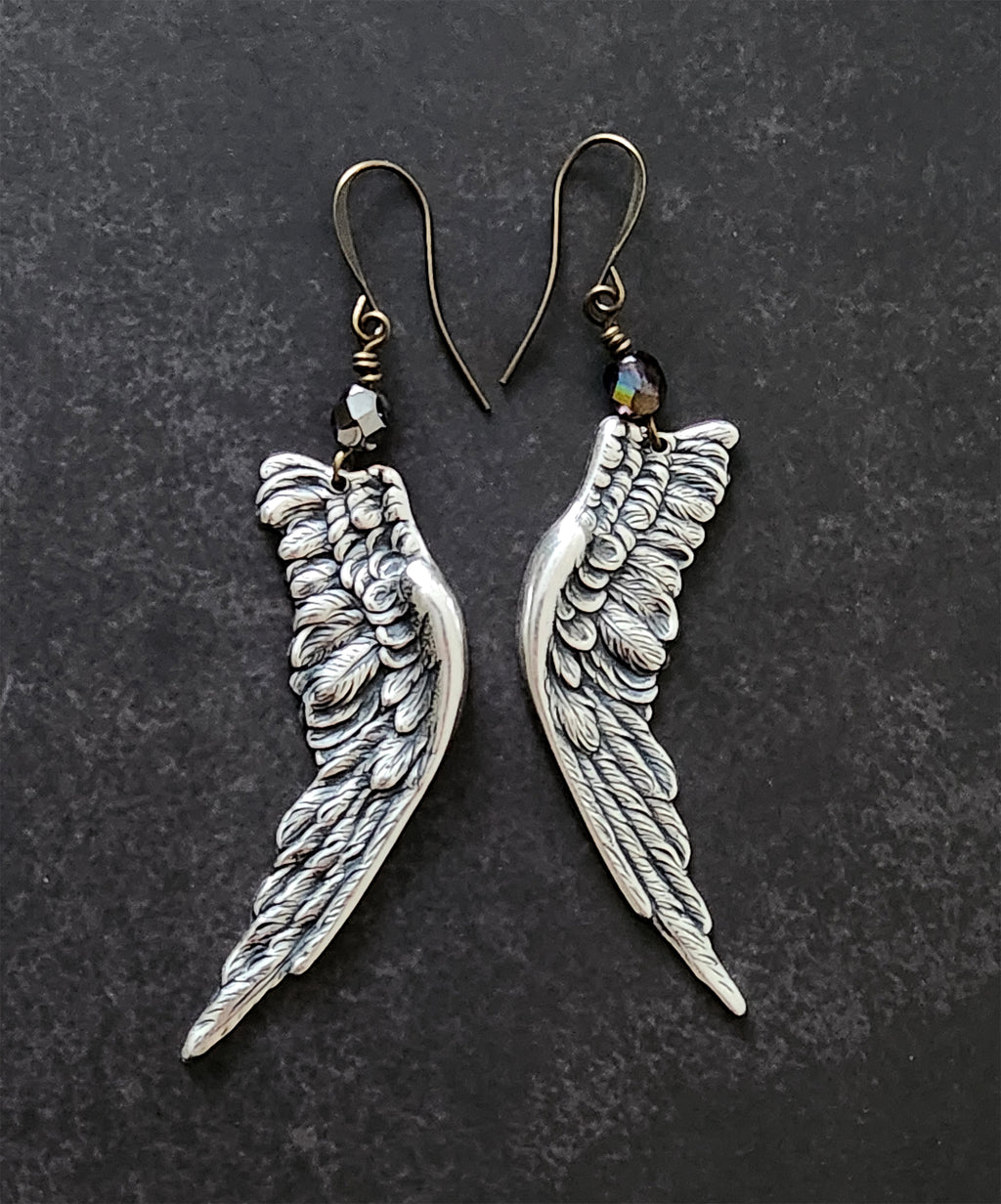 silver angel wing earrings